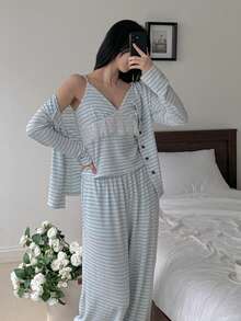 DAZY 3pcs Striped Cardigan Top, Lace Trim Camisole, And Long Pants Women Pajama Set - Blue and White - View 10