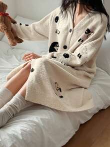 DAZY Women's Cozy Fleece Sheep Pattern Robe, Casual Loungewear For Autumn/Winter - Apricot - View 5