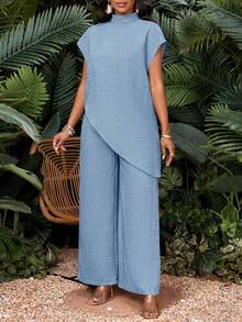 SHEIN Lady 春夏秋冬蓝色梭织立领不对称插肩袖长袖短袖加大码套装 - 淺藍色 - 查看 6