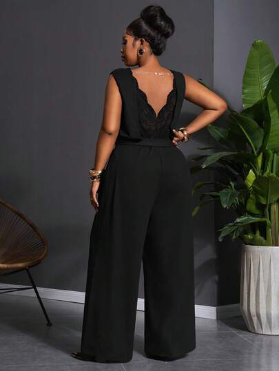 Slaydiva Plus Size Women's Round Neck High Stretch Fabric Contrast Lace Wide Leg Jumpsuit, Suitable For Women's Summer Sets/Women's Christmas Outfits/New Year Outfits/Women's Thanksgiving Outfits/Beach Sets/Women's Elegant Outfits/Women's Social Tops/Commuting Outfits/Daily Wear/Party