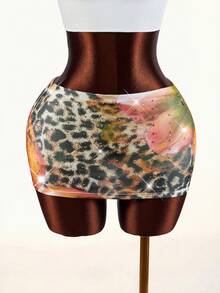 Amplova Leopard & Floral Full Print Rhinestone Embellished Mini Skirt, Super Low Waist - Multicolor - View 6