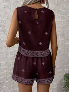 EMERY ROSE Women's Floral Print Sleeveless Shirt And Shorts Casual 2-Piece Set - Burgundy - View 2
