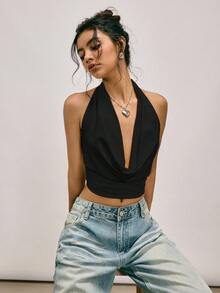 Easelle Black Knit Backless Halter Neck Camisole For Women, Suitable For Music Festivals, Spring/Summer Backless Shirts Backless Tops Open Back Tops Halter Neck Top - Black - View 11