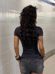 StreetHx Women's Summer V-Neck Slim Fit T-Shirt With Cross And Wing Punk Subculture Anime Print, Short Sleeve V-Neck - Black - View 3