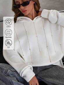 SHEIN Sudadera con capucha de forro polar con decoración de perlas falsas y rhinestones, unicolor, para uso diario y casual de mujer, otoño/invierno - Blanco - Ver 1