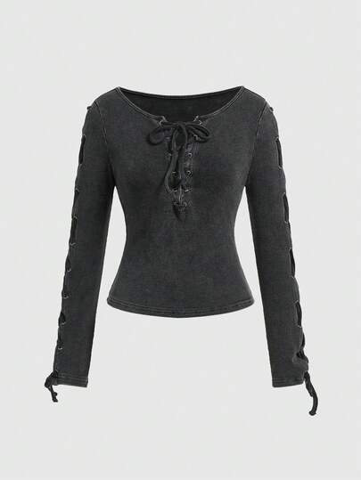 Goth Grunge Punk Vintage Metall Ösen Schnürung Figurbetontes T-Shirt