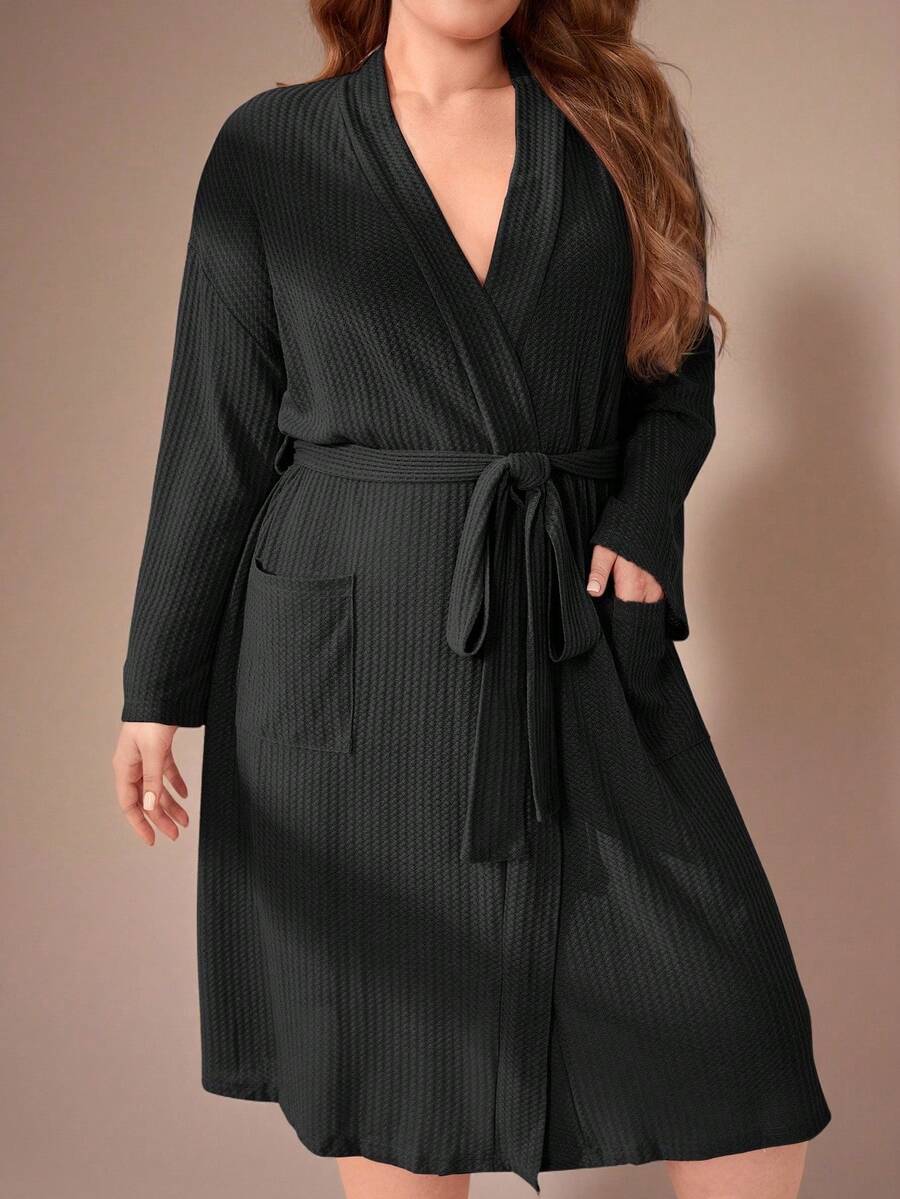 Lazeform Plus Double Pocket Drop Shoulder Waffle Knit Belted Robe, Cozy And Elegant, Fall & Winter Outfits