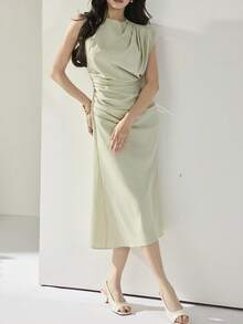 Heiryn Vestido de longitud media con cintura fruncida de unicolor elegante para uso diario de mujer - Verde - Ver 4