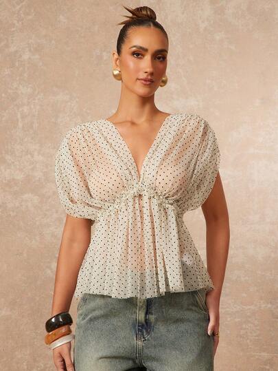 Lumalex Women's Polka Dot Deep V-Neck Ruffle Hem Fashionable Versatile Date Shirt,Sexy See-Through Mesh Women's Top, Body-Contouring Fit & Elegant Feminine Silhouette Top, Perfect For Summer, Spring-Break Trips, Cruises, Beach Weekends, Vacations, Parties, Date Nights, Weddings, Proms, Banquets, Birthdays, Carnivals, Festivals, And Other Holiday Events, Showcases Romantic Valentine Vibes, Neo-Girly Charm, Boho-Casual Flair, Quiet Luxury, Business Chic, And Relaxed Vacay Elegance, Luxury Top, Style For Raves, Festivals, Holiday Gatherings, Outdoor Evening Occasions-Ideal, Party,Perfect For Pairing With Swimwear, Beach Vacations, And Swimsuit Parties.