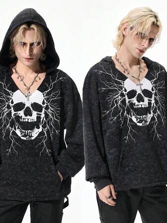 Goth sweat-shirt à capuche décontracté pour homme avec imprimé crâne sombre