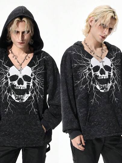 Goth Men's Dark Skull Print Casual Pullover Hoodie Sweatshirt