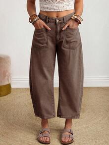 SHEIN CURVE+ 大码女式口袋休闲宽松修身锥形牛仔裤 - 咖啡棕 - 查看 7