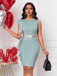 Lyxana Women's Ruffle Sleeve Fitted Elegant Ruffle Hem Short Dress, Valentine's Day - Blue - View 6