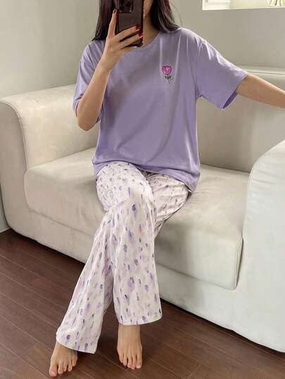 SHEIN Teen GirlLoose Fit Short Sleeve & Long Pants Set, Lavender Tulip Letter & Graffiti All-Over Print, Soft Fabric, Elegant & Sweet Style, Suitable For Home Wear