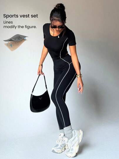 Dewbera Women's Black Slim Fit Sports Set, Short Sleeve Top And Leggings