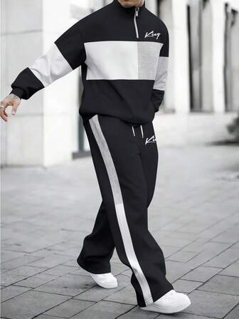 Manfinity Hypemode סווטשירט עם צווארון חצי רוכסן של מותג אופנת רחוב, פסים מנוגדים שחור לבן אפור, סט סווטשירט לגברים עם הדפס אותיות "מלך"