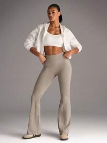 SHEIN BAE 女士高腰纯色无缝喇叭形瑜伽紧身裤 - 卡其色 - 查看 3