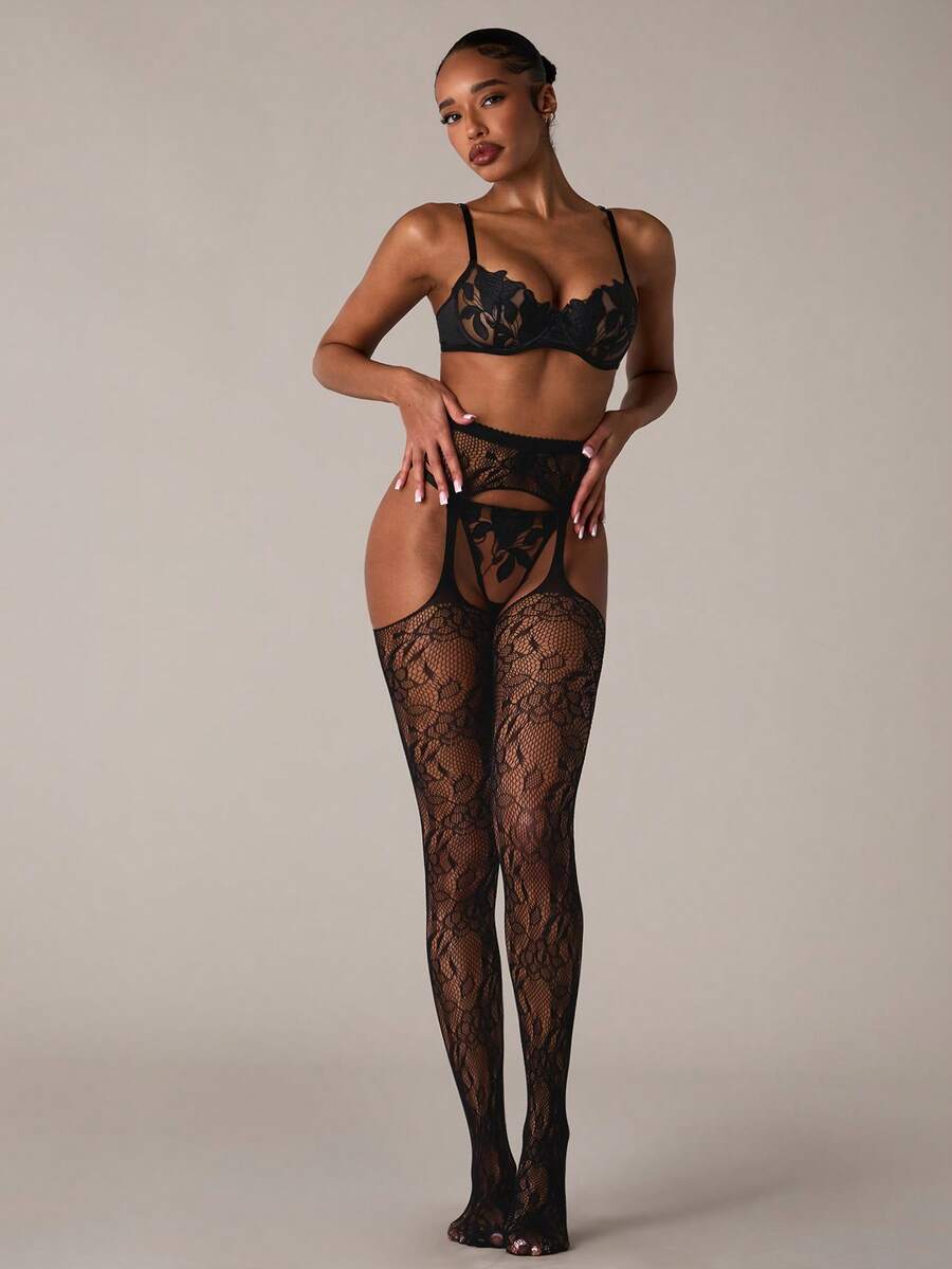 SHEIN BAE Black Mesh Hollow Out Geometric Pattern Tights For Women Lace Stockings Lace Tights Garter Stockings Suspender Stockings - Black - View 1