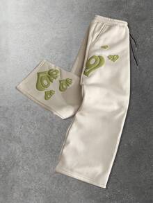 ROMWE MEN 男士休闲街头风爱心英文印花直筒运动裤，秋冬款 - 杏色 - 查看 5