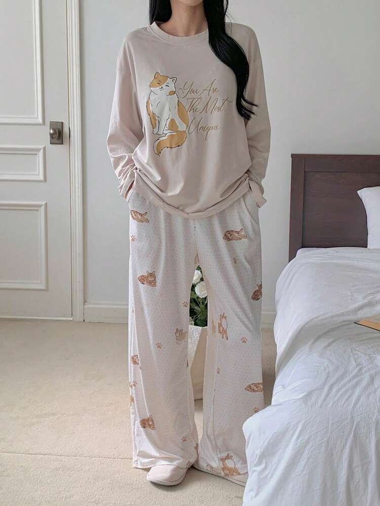 Cat Print T-Shirt Top & Matching Cat Print Pajama Pants Women Sleepwear Set
