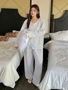 Dazy Plus Fashionable Striped Contrast Lace Loose Casual Pajama Set, Includes Top And Pants, Suitable For Spring And Autumn - Grey - View 5
