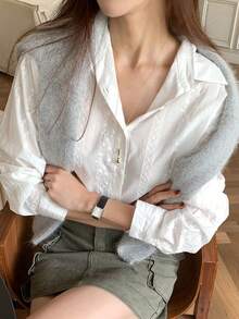 DAZY Lightweight Jacquard Long Sleeve Casual Blouse For Women, Spring - White - View 9