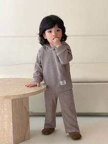 2pcs/Set Baby GirlAutumn Ribbed Fleece Hoodie T-Shirt & Straight Leg Casual Pants Set, Simple & Versatile For School, Outdoor, Everyday Wear - Khaki - View 8