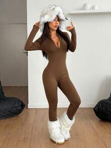 SHEIN PETITE Bộ jumpsuit nữ dáng nhỏ nhắn, màu trơn, khóa kéo phía trước, tay dài, cổ đứng, kiểu dáng thường ngày, thích hợp cho mùa thu/đông. - màu nâu - Xem 3