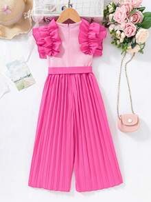 1pc Ruffle Hem Pleated Urban Casual Slim Jumpsuit, Suitable For Outdoor Summer And Gatherings - Hot Pink - View 2