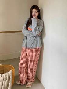 Dazy Plus Plus Size Women Cute Dog Print Loose Long Sleeve Top And Plaid Straight Leg Pants Pajama Set, Spring/Summer/Autumn - Grey - View 7