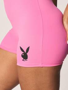 Missguided x Playboy Cross Back Fitted Active Romper One Piece Unitard With Logo Detail Summer Exercise Jumpsuit - Pink - View 5
