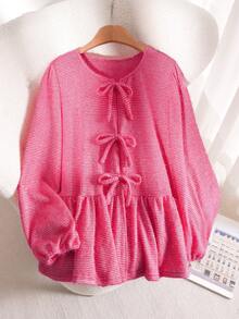 CosyJoli 大码休闲A字娃娃灯笼袖蝴蝶结衬衫 - 紅色 - 查看 3