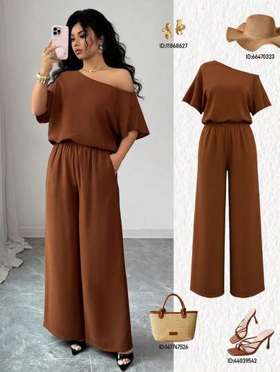 Elenzga Top elegant casual maro pentru femei, cu mânecă scurtă, asimetric, cu umeri + pantaloni drepți, cu design elegant casual maro pentru femei, primăvară/vară