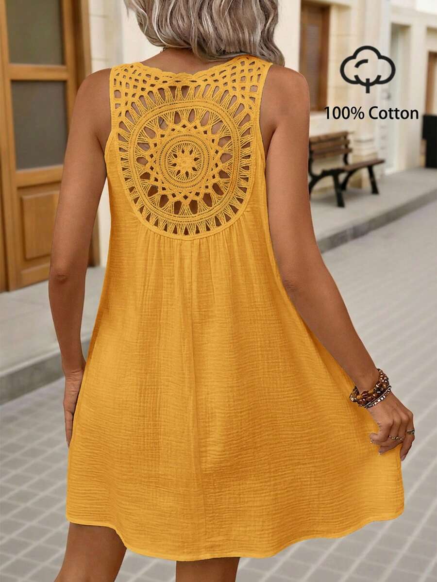 Brillora 夏季波西米亚风纯色镂空黑色吊带裙 - 黃色 - 查看 1