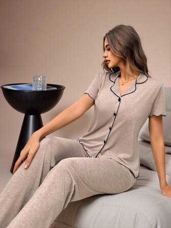 Lazeform Casual Loose Relaxed Soft Drapey Lightweight Summer Knit Khaki 2PC Set For Women - Ruffle Trim Short Sleeve Top & Pants