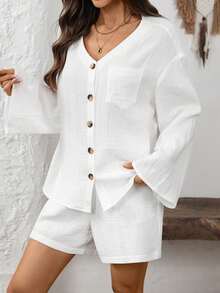 EMERY ROSE 女士度假休闲纯色喇叭袖衬衫和短裤两件套 - 白色 - 查看 6