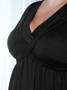 Pretty and Ole Plus Size Casual Solid Color V-Neck Cinched Waist Slant Pocket Sundress For Summer, For Thanksgiving Maxi Women Outfit