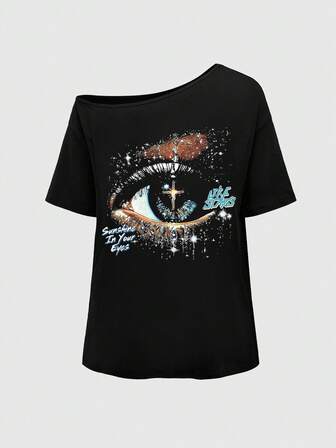 Grunge Punk [Unterhemd] Doppelt gebürstetes Milchseide Sexy asymmetrischer Ausschnitt Schwarz einfarbig Vintage Loose Fit Große Größen Asymmetrischer Ausschnitt T-Shirt, Sommer Lässig Street-Style