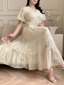 Dazy Plus Plus Size Valentine Elegant Contrast Lace Frill Trim Puff Sleeve Waist Cinched Dress, Flattering Fit For Vacation & Date Sundress - Apricot - View 1