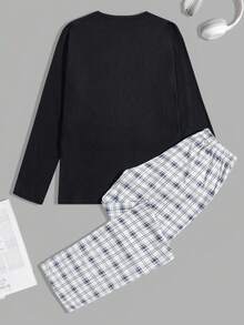 EURMUSE Cotton Men Letter And Plaid Printed Regular Longsleeve Homewear Set - Dark Grey - View 2
