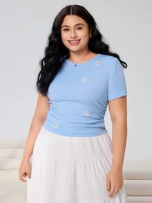 Solflare Áo thun crop top tay ngắn cổ tròn cỡ lớn - Màu xanh lam - Xem 1