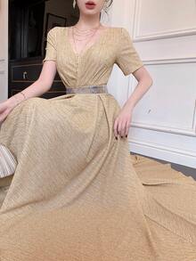 DAZY 女士V领短袖腰部串珠拼接优雅连衣裙 - 杏色 - 查看 4