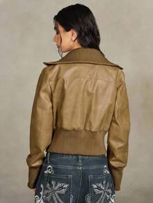 ROMWE Grunge Punk 复古街头风做旧PU皮机车夹克（女款） - 卡其色 - 查看 2