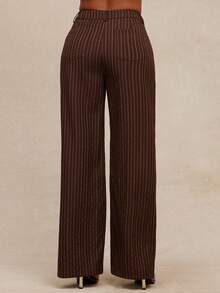 NYA SZN 女士条纹印花口袋优雅直筒裤，适合通勤 - 藍色 - 查看 7