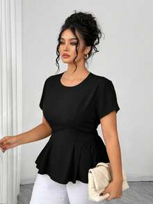 Elenzga Áo kiểu nữ cỡ lớn thanh lịch, thường ngày, tay ngắn, cổ tròn, vạt xòe, đa năng, thích hợp cho mùa xuân/hè. - màu đen - Xem 7