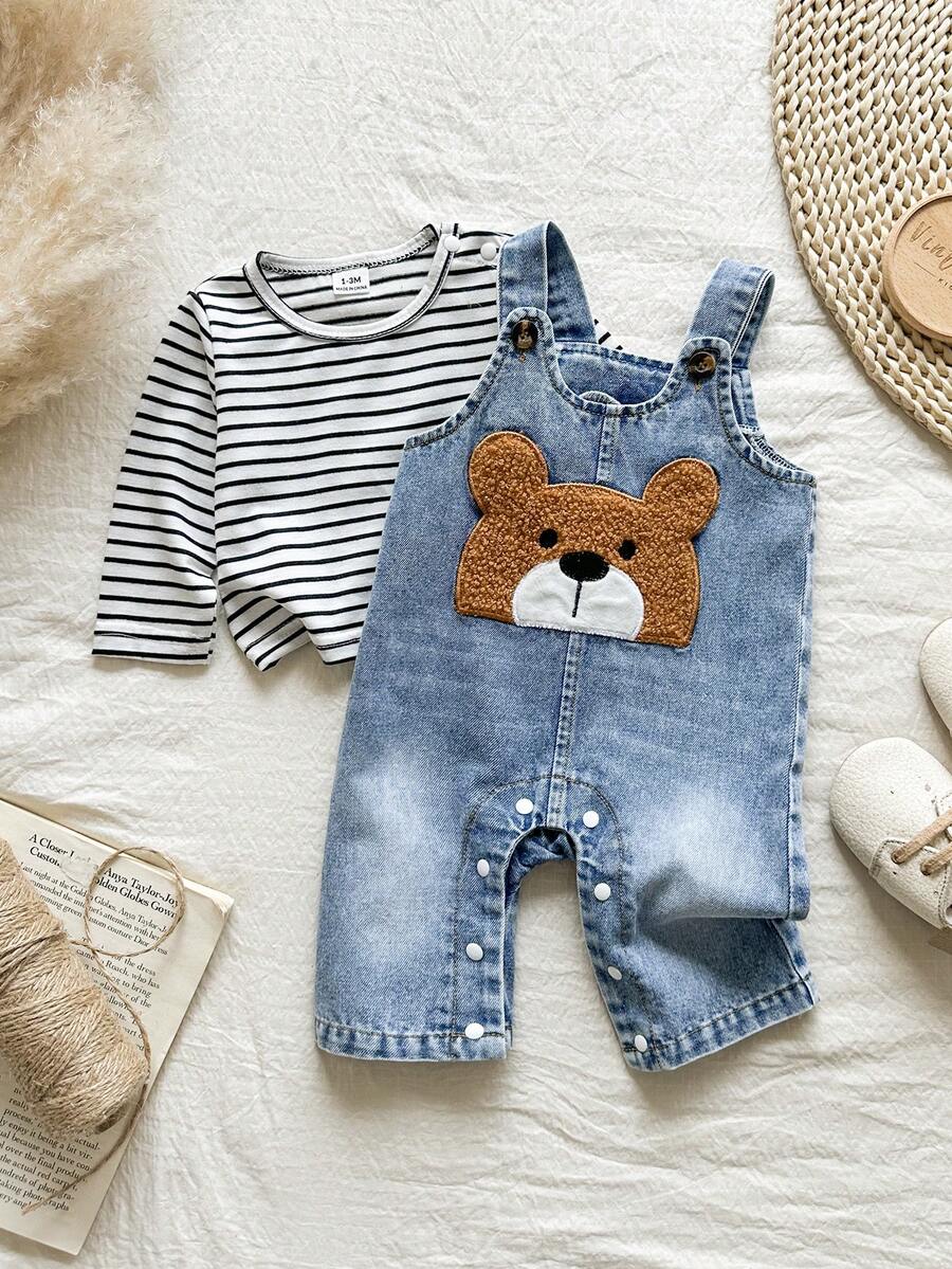 SHEIN Vintaside Kids Newborn Spring Casual Striped Round Neck Long Sleeve Top With Cute Bear Embroidery & Versatile Washable Denim Strap Jumpsuit - Blue - View 1