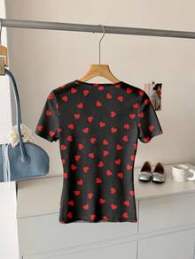 SHEIN LUNE Damen Lässig Top mit Herz-Allover-Muster, Rundhalsausschnitt, Kurzarm, für Valentinstag, Frühling Sommer - Verschiedenfarbig - Übersicht 3