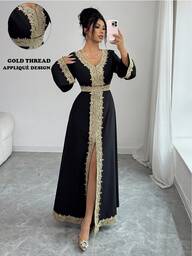Selianne שמלה שחורה ארוכה ואלגנטית לנשים עם גימור זהב ארוג ותחרה פרחונית, מתאימה לדייטים, מסיבות, התכנסויות, חגי ראש השנה ופסטיבלים מזרח תיכוניים