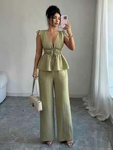 Elenzga Women's High Waist Drawstring Adjustable Ruched Shirt & Pants Set, Women's 2-Piece Suit, Linen Clothing, Women's Summer Wear, Women's Resort Wear, Women's Business Casual Outfit, Linen Set, Light Olive Green New Minimalist Elegant Light Green V-Neck Waist Tie Bohemian Blouse And High Waist Straight Leg Pants Commuter Suit Office Professional Casual Holiday Back To School Teacher Uniform - Army Green - View 6