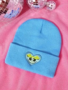 THE POWERPUFF GIRLS X SHEIN 1pc Knitted Beanie Hat With Cartoon Embroidery, Fashionable Street Riding Gift Choice - A - View 1